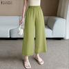 Women Casual Elastic Waist Solid Color Loose Cropped Pants