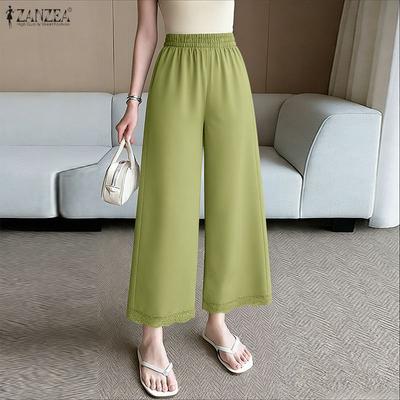 Pantalon court ample décontracté pour femmes, taille élastique, couleur unie