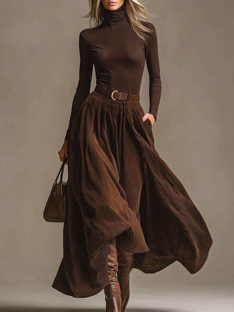 

2025 European & American Retro Corduroy High Waist Flare Skirt + Solid Color Base Layer Top for Women – Spring/Autumn Fashion S