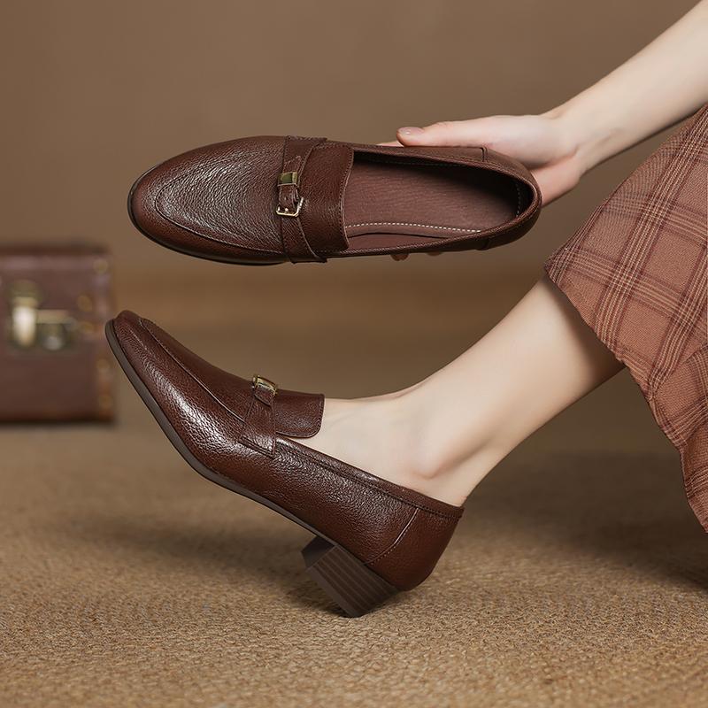 Fashion 2025 NEW Spring Women Loafers Square Toe Chunky Heel Shoes Genuine Leather Shoes for Women Slip-on Women Pumps Handmade Shoes