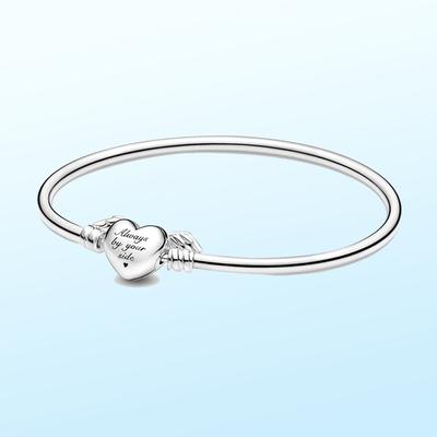 925 Sterling Silver  By Your Side Heart Bangle Fit Original Charm Pendants Making for Girl Women Love Gift