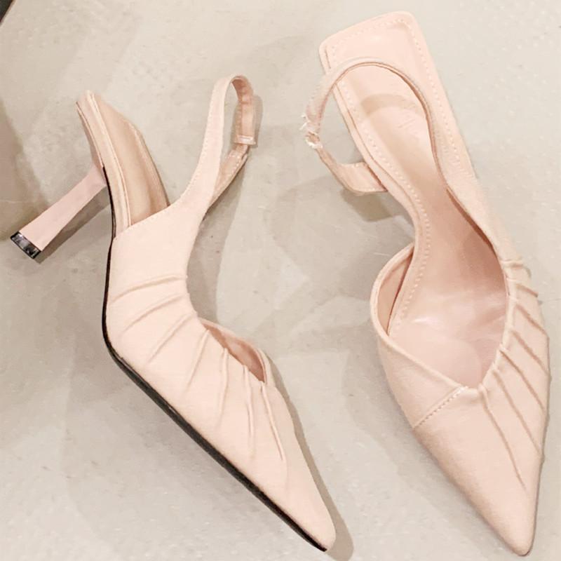 Fashion Flannel Pleated Pointed Toe High Heels Women Simple Buckle Strap Thin Heeled Sandals Summer Elegant Outdoor Casual Office Shoes