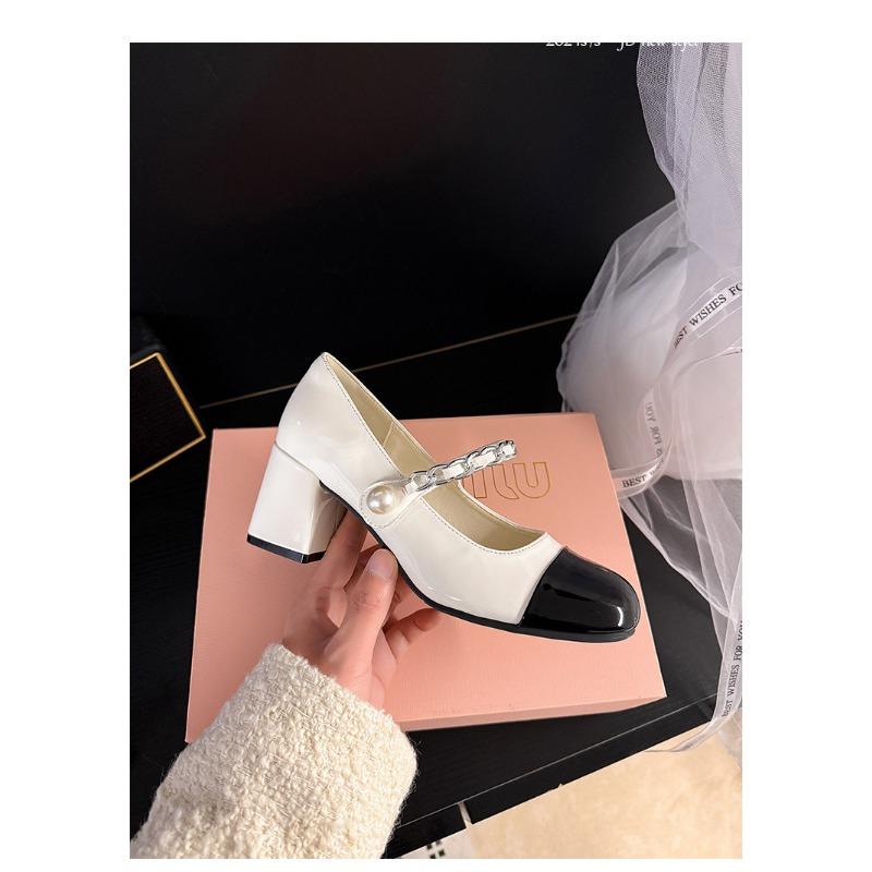Sheepskin~ Mary Jane women's shoes pearl small leather shoes women's black and white color matching thick heels single shoes high heels