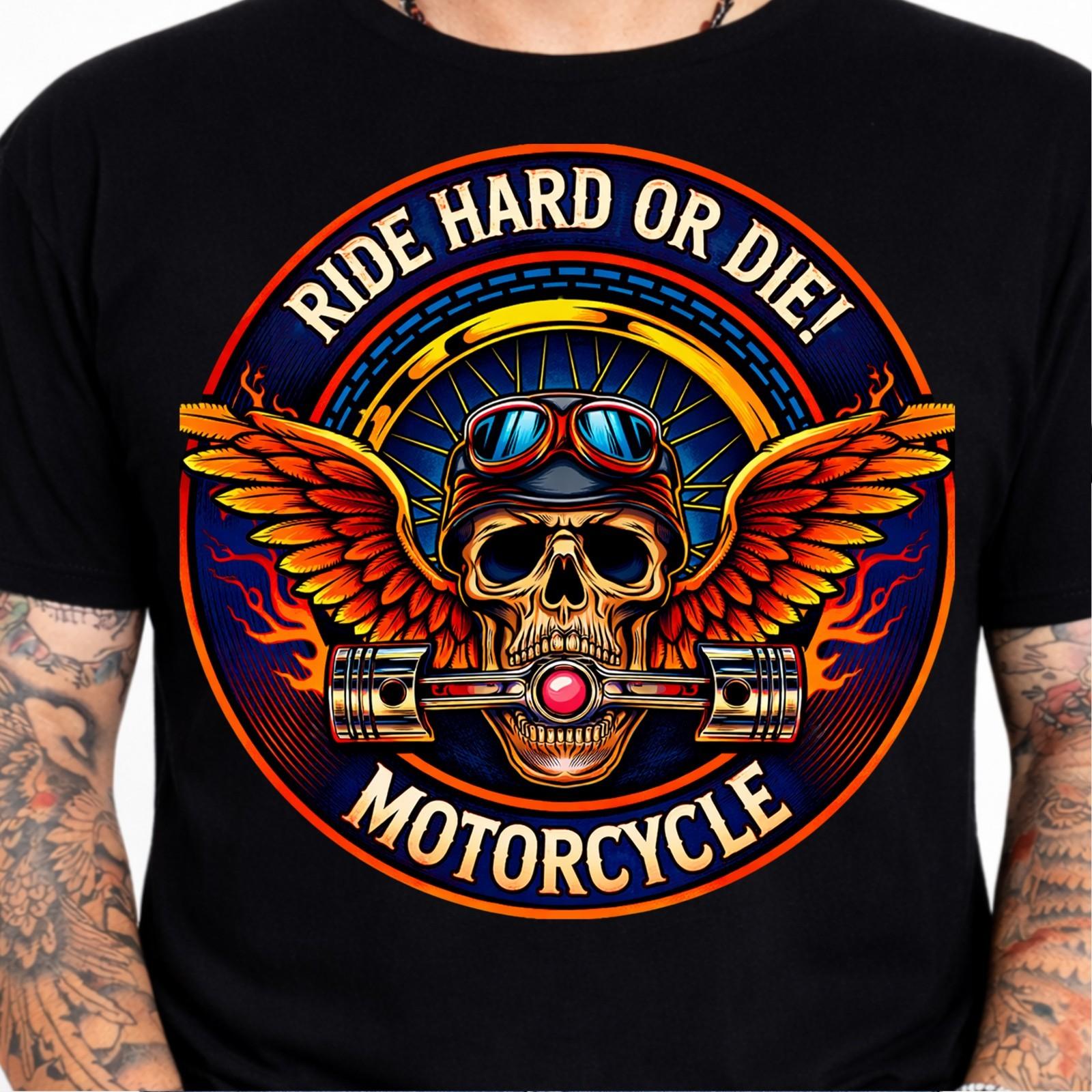 Ride Hard or Die Motorcycle Skull Wings Goggles Pistons Flames Biker Graphic Tee L
