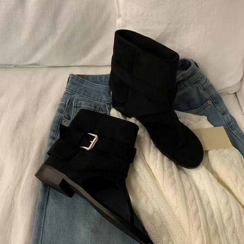 Pinch feet open-toed thick-heeled belt buckle sleeve 2025 new cool boots women's summer fashion daily versatile flat-bottomed short boots