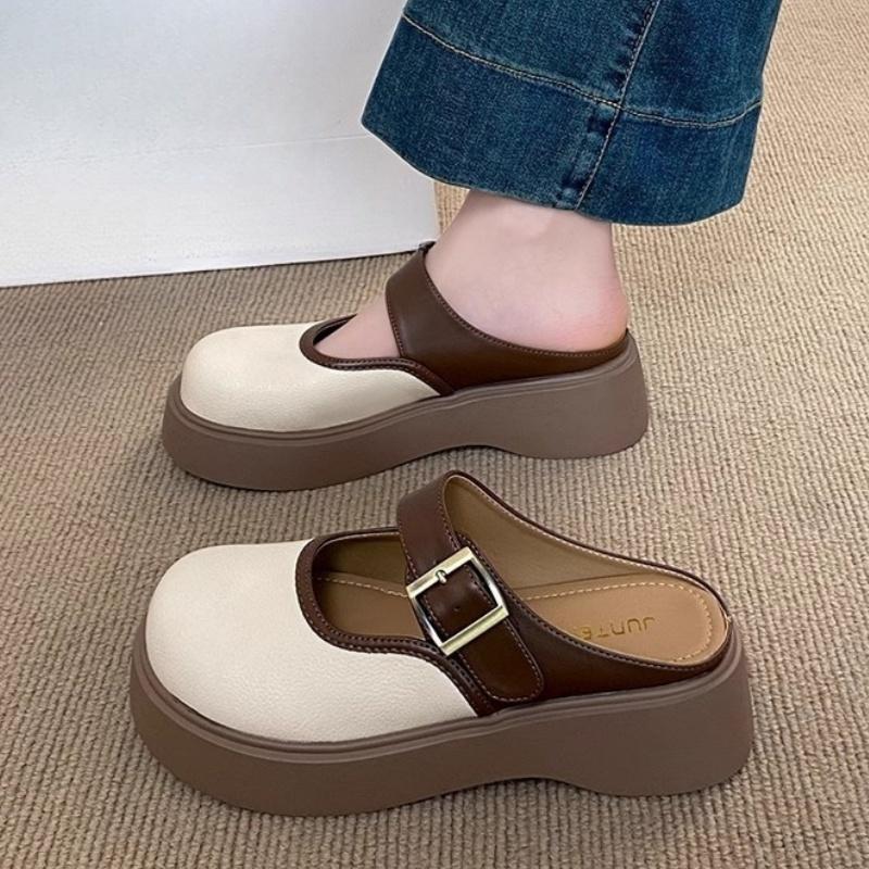 Women's New Style Closed Toe Slippers One Foot Soft Flat Rubber Comfortable Height Increase PU Basic Fabric Casual Shoes