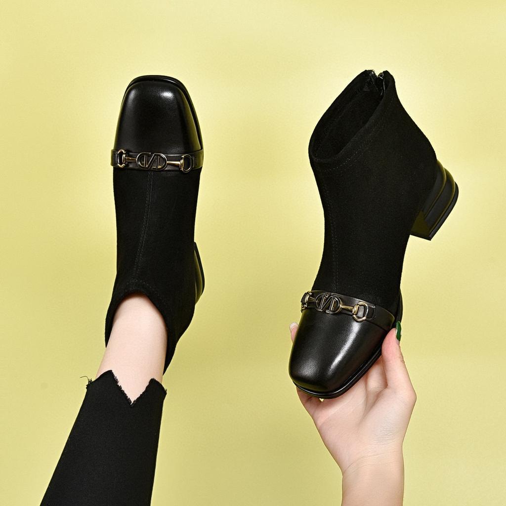 Fashion boots women's boots autumn and winter new square head rear zipper short boots black