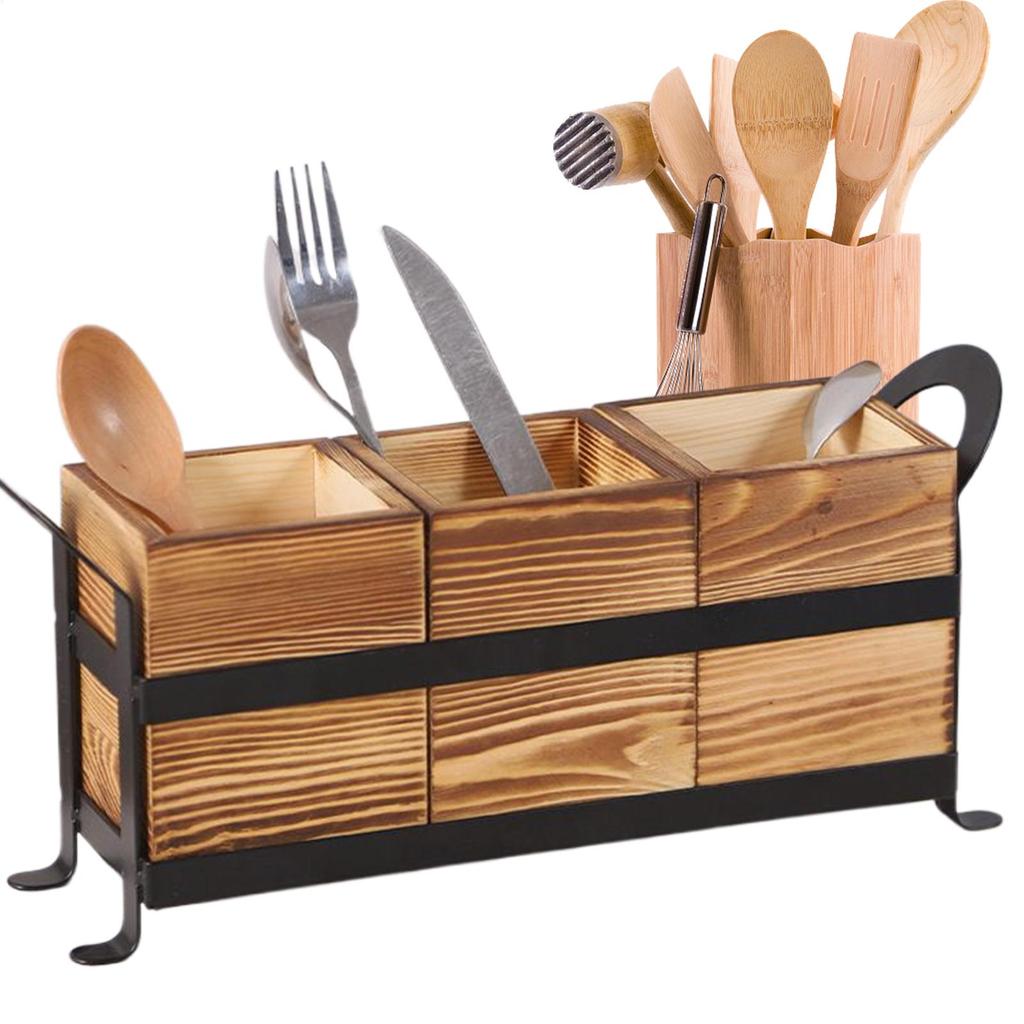 Utensil Holder For Party With Handle 3-Compartment Vintage Stylish Silverware Caddy Kitchen Cabinet Forks Spoons Holder For Cafe