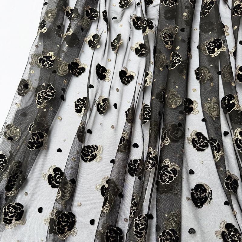 1meter Black Beige Rose Flower Velvet Embossed Gold Powder Mesh Fabric Flocking African Tulle Jacquard Fabrics for DIY Sewing