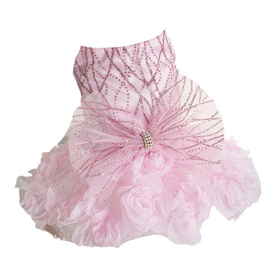 Pet Dress Bow Tie 3D Flowers Sequins Rhinestone Decor Breathable Mesh Pomeranian Chihuahua Puppy