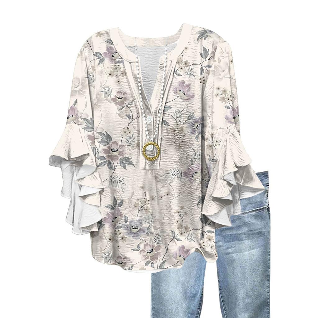 Dámska módna ležérna košeľa Top s gombíkmi, výstrihom do V, sedemštvrťovým rukávom a vintage potlačou