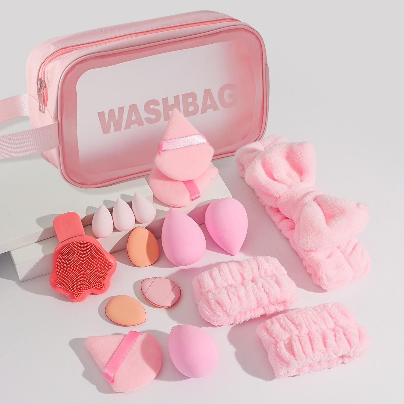 

17Pcs Pink Makeup & Skincare Set with Clear Wash Bag, Beauty Blenders, Bow Headband, Wristbands & Facial Cleansing Brush, Portable Travel Kit 17PCS розовый