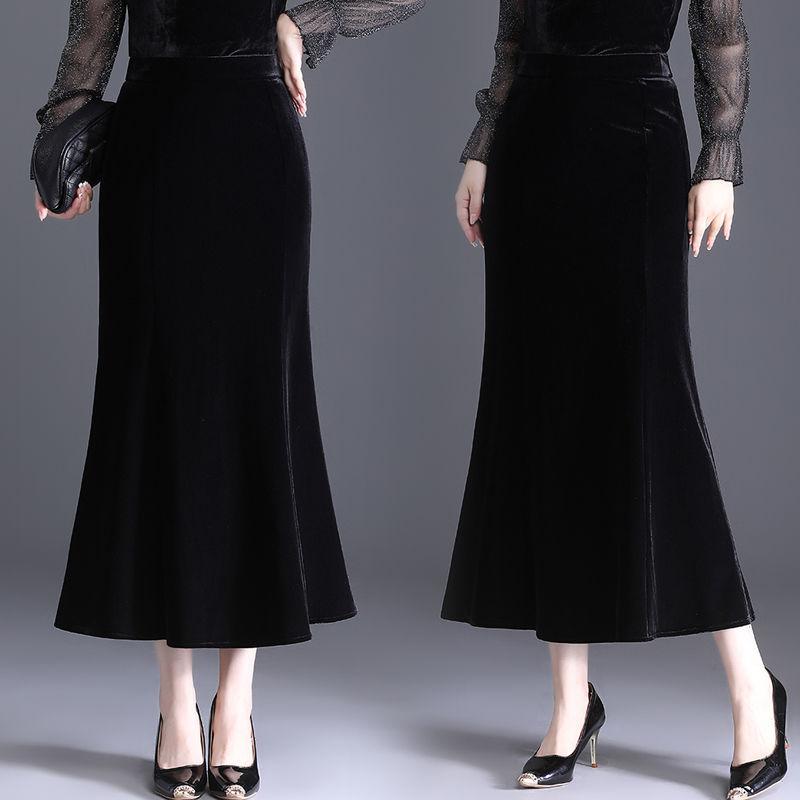 Autumn Winter Velvet Pencil Skirt High Waist Slim Fit Stretchy Wrap Fish Tail Midi Skirt Elegant Bodycon