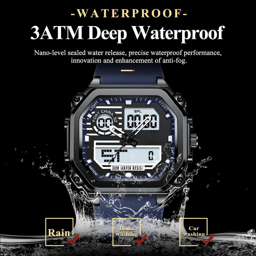 Sports Square Men Watch Waterproof LED Luminous Week Date  Wristwatch Silicone Strap Electronic Quartz Watches