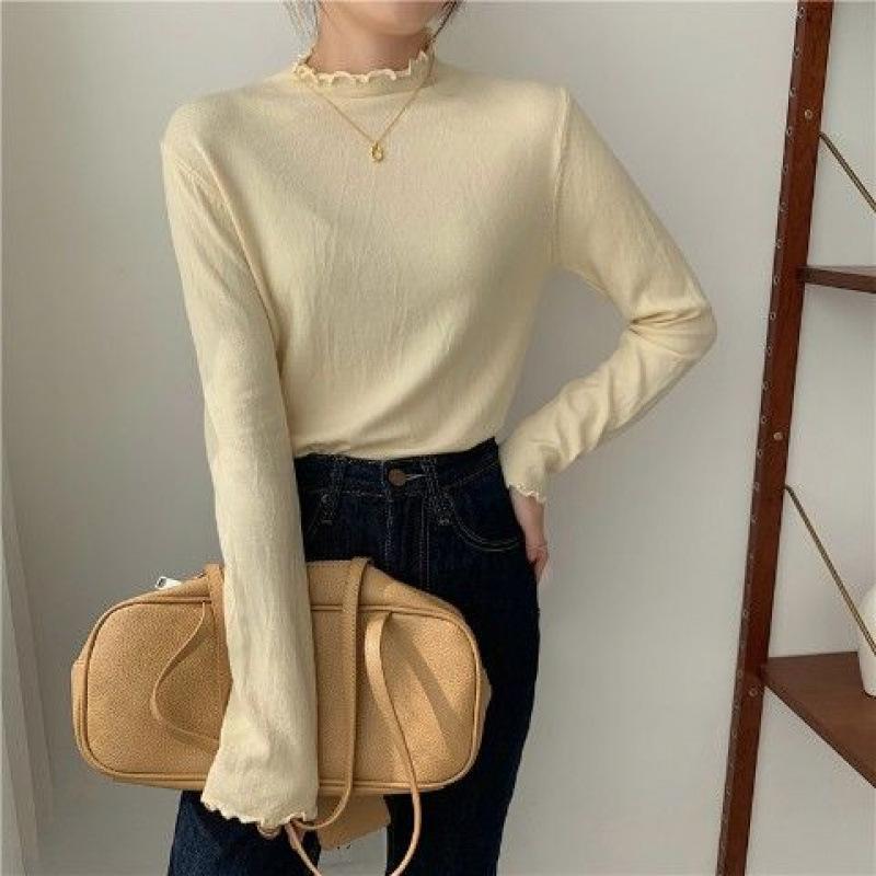 Apricot Semi-turtleneck Bottoming Shirt for Women with Autumn and Winter Fungus Edge Top, White Semi-turtleneck Core-spun Yarn Knitting