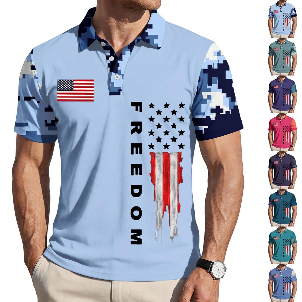 Men's Loose Fit Casual Polo Shirt Short Sleeve Button Down Collar Printed Graphic Tee with Flag Design and Freedom Text