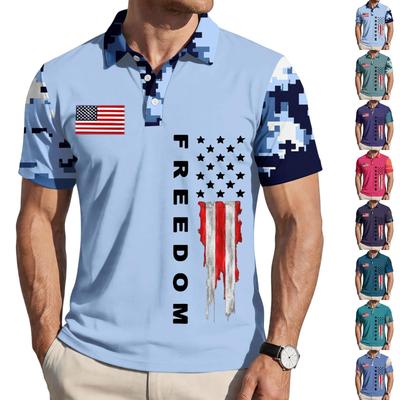 Herren Locker geschnittenes lässiges Poloshirt Kurzarm Button-Down-Kragen Bedrucktes Grafik-T-Shirt mit Flaggen-Design und Freiheits-Text