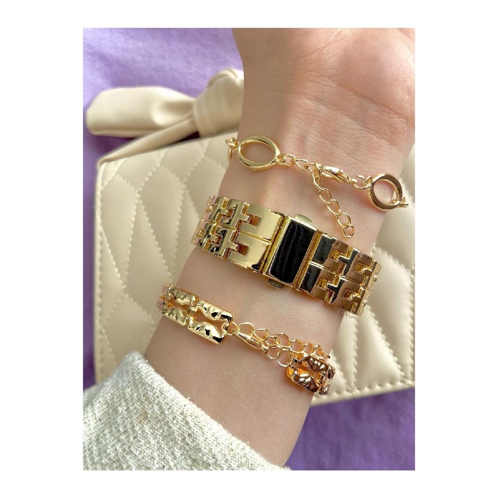 Goldfarbenes Metallarmband-Damenarmbanduhr und Kombinationsarmband-Set