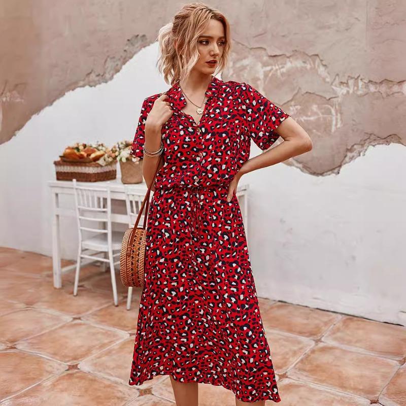 Summer polka dot printed short-sleeved mid-length dress women's fashion all-match elegant temperament