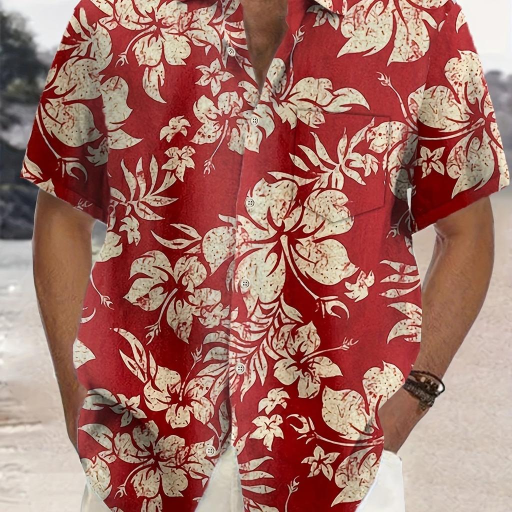 Men's Hawaiian Lily Tropical Flower Printed Short Sleeved Shirt