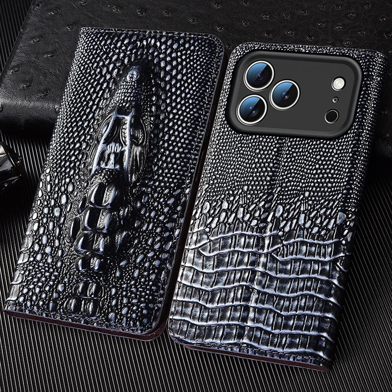 Genuine Leather Crocodile 3D Head Flip Case for iPhone 17 16 16E 15 14 13 12 11 8 X XS XR Pro Max Plus Card Slots Wallet Cover violetto