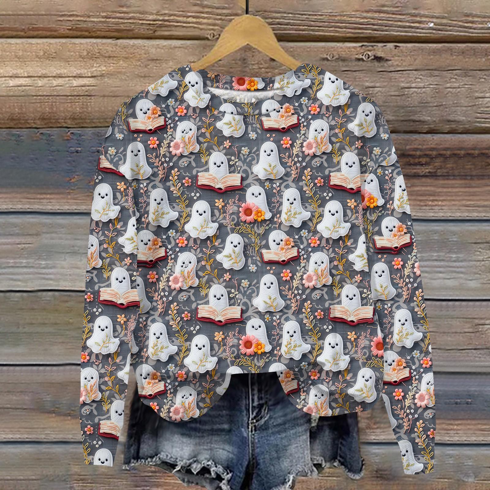 

Женский Хэллоуин с принтом, круглым вырезом и длинными рукавами, свободный крой, повседневный топ с длинными рукавами и длинными рукавами M