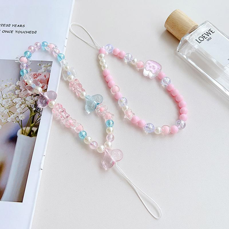 Clear Butterfly Mobile Phone Strap Beads Lanyard For Keys Bow Knot Artificial Pearl Wrist Phone Charm Anti Lost Cellphone Chain