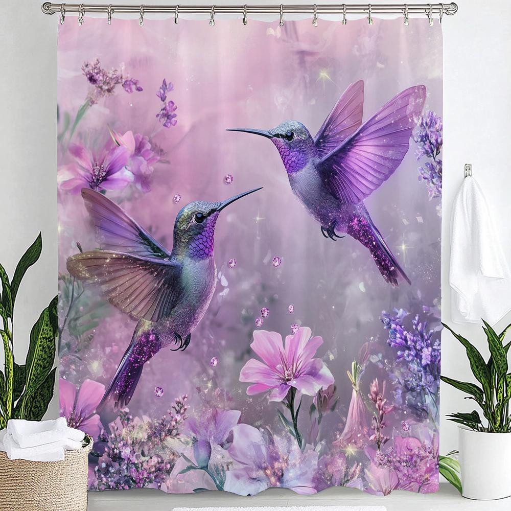 1pc Flowers Hummingbird Shower Curtain: Embrace the Artistic Design, Floral Bathroom Decorative Curtain, Home Curtain with Hooks