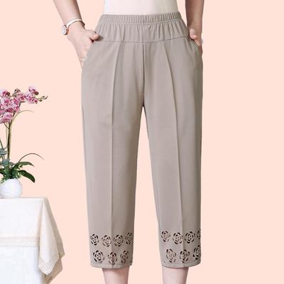 Pantaloni da donna Pantaloni da donna di mezza età Pantaloni casual traforati Pantaloni estivi da donna slim cropped Pantaloni larghi a vita alta elastica