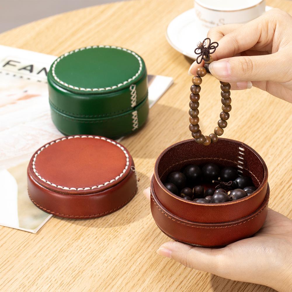 New first-layer vegetable tanned cowhide jewelry box round retro multi-functional storage box high-end jewelry box