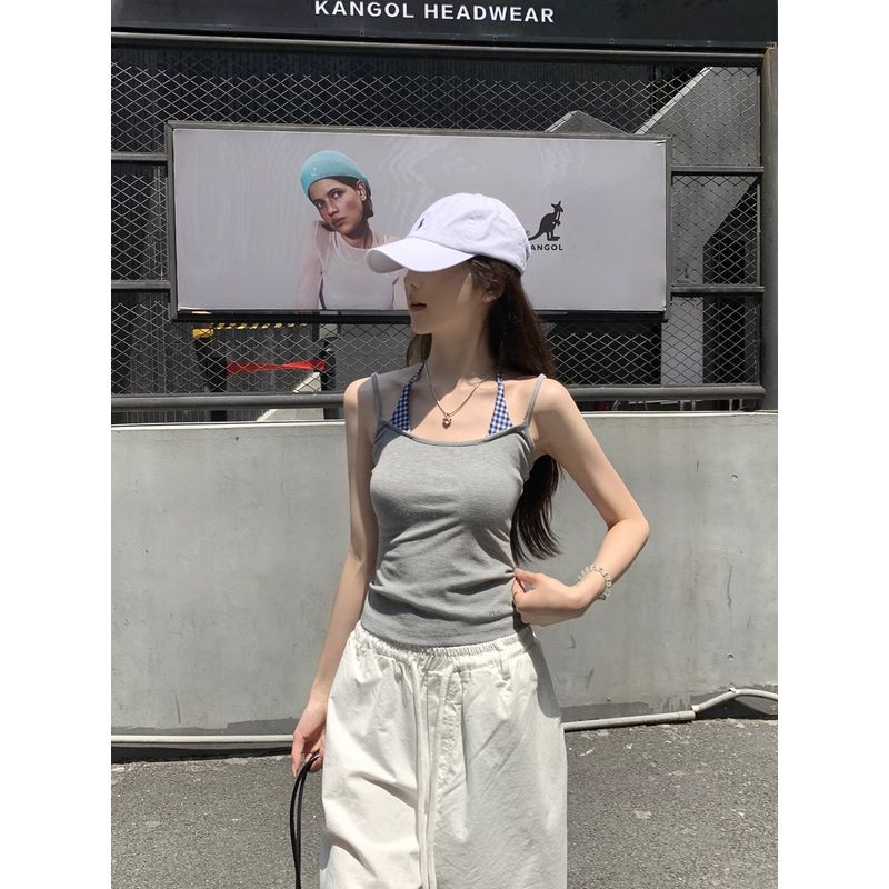 Kumikumi Design Sense Plaid Patchwork Vest Sling Women Summer Niche Temperament Chic Slimming Outer Wear Top