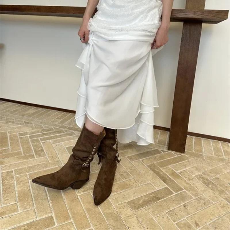 French Style Knee High Boots Women's Pointed Toe Medium Heel Boot Autumn Winter 2025 New Arrival Belt Buckle Design