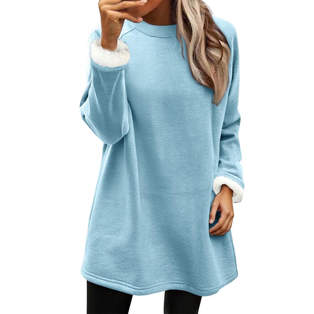Women's Solid Fleece Lined Sweatshirt Dress Crew Neck Long Sleeve Loose Warm Casual Home Wear Winter Mini Dress