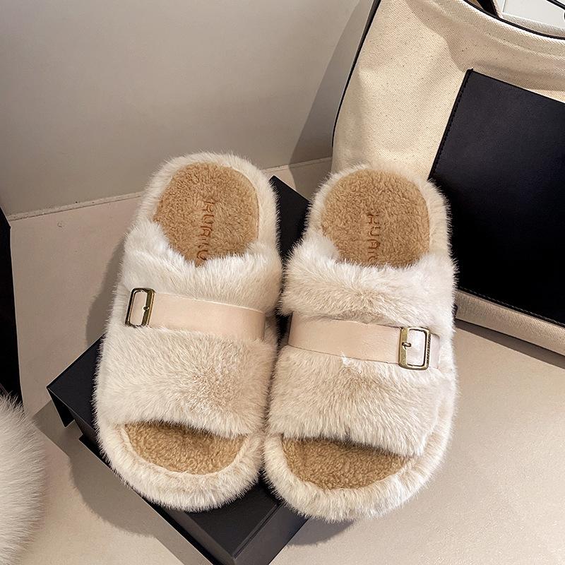 2025 new thick-soled fluffy slippers women's autumn and winter wear comfortable slippers high-grade belt buckle thick-soled cotton slippers