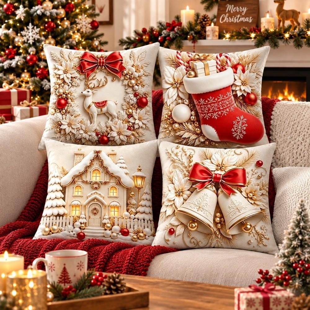 4PCS Tree Flower Christmas Pillow Covers New Year Snowman Pillow Cover Throw Cushion Case Home