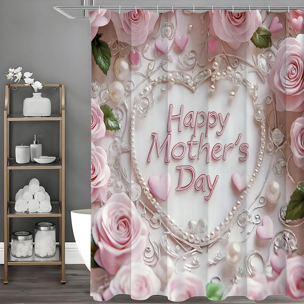 

Happy Mother s Day Rose Floral Pearl Shower Curtain, Bathroom Decorative Shower Curtain, Waterproof Shower Curtain with Hooks 90*180cm