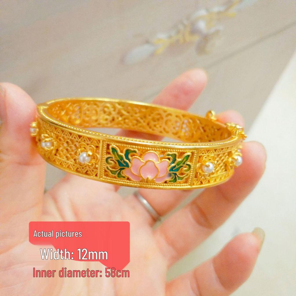 Vietnamese Sand Gold Peony Enamel Bangle: Women's Retro Hollow Flower Bracelet