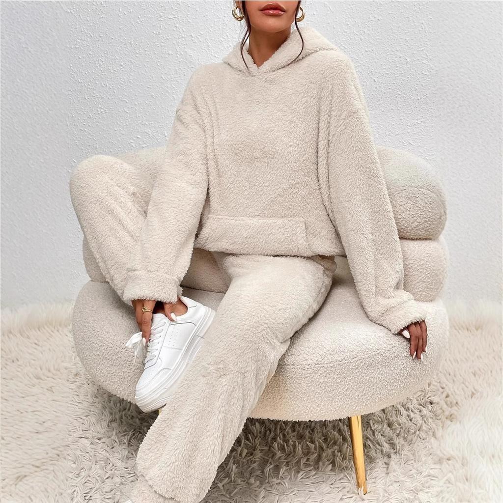 Women's White Faux Fur Hooded Hoodie and Wide-Leg Pants Set