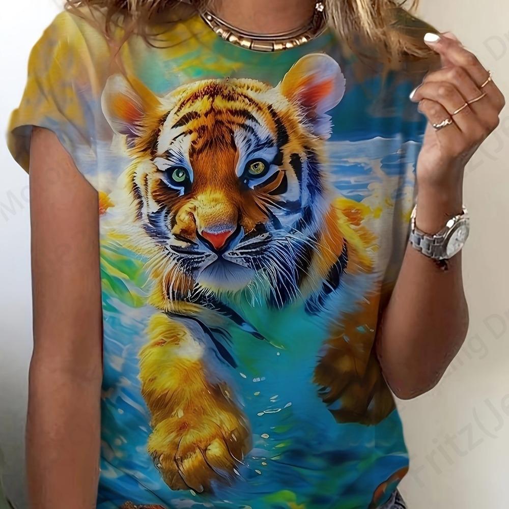 Women's 3d Tiger Print T-shirt, Round Neck Short Sleeve Casual T-shirt, Animal T-shirts, Floral T-shirts