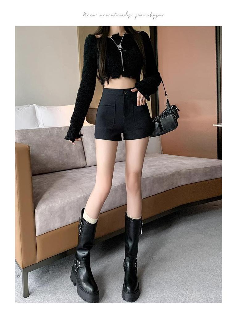Women's High-Waist Black Bootcut Shorts - Sexy Autumn/Winter Hip-Hugging Wide Leg Pants