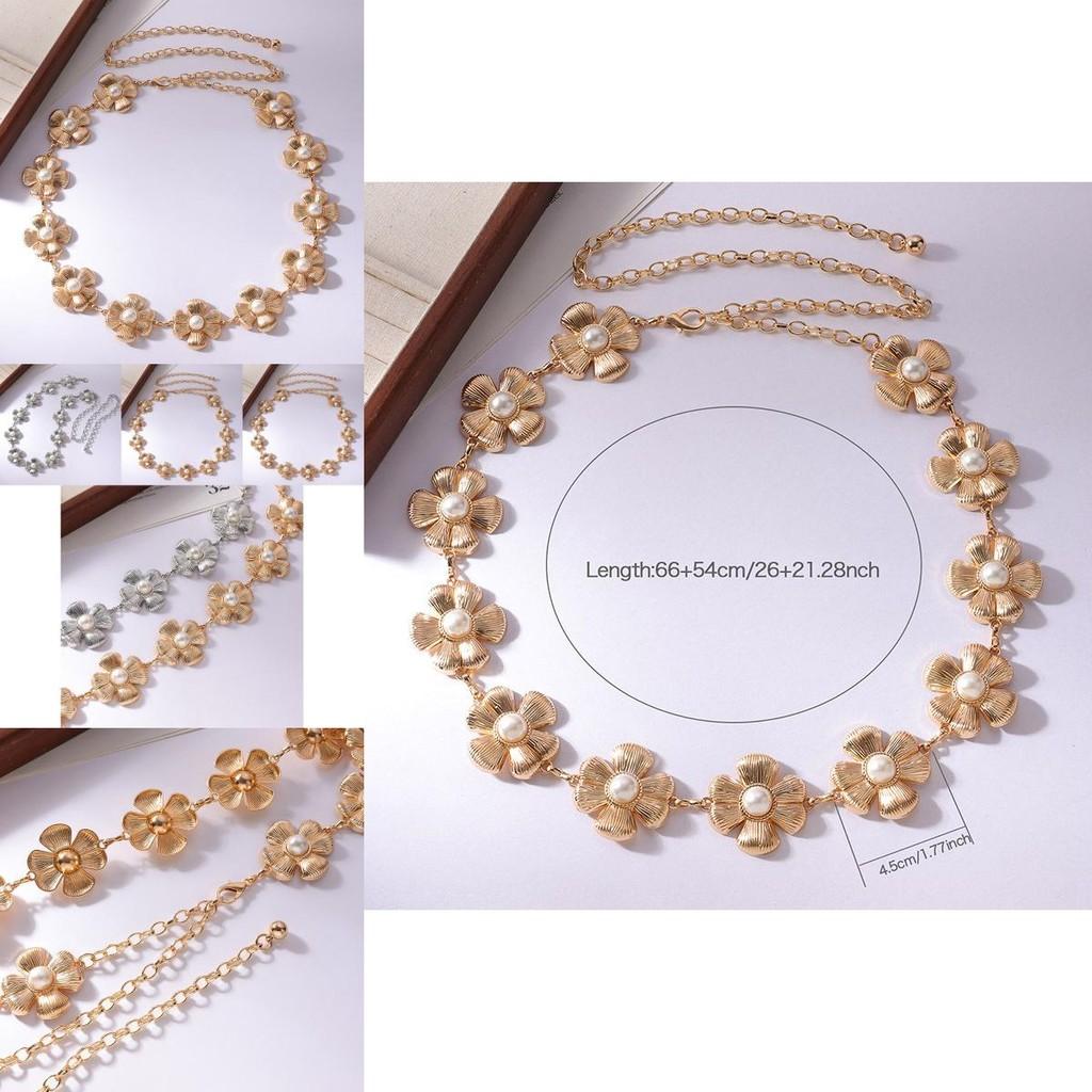 Floral Pearl Metal Waist Chain With Carved Flower Design For Women Spring Summer Fashion
