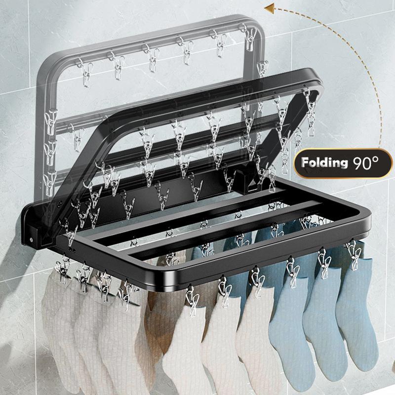 Laundry Organizer 12/20/26 Hooks Shelf Bra Underwear Fixed Wall Mounted Socks Clips Aluminium Alloy No Drilling Black