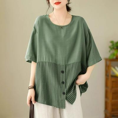 Tricou Pulover de Vară Retro Literar pentru Femei Plus Size, Larg și Subțire, cu Dungi, Cusături, Mânecă Scurtă