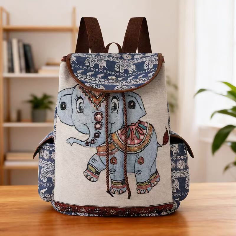 2026 New Female Ethnic Style Backpack Casual Plaid Drawstring Retro Women Large Capacity School Bag Drawstring Bucket Bag