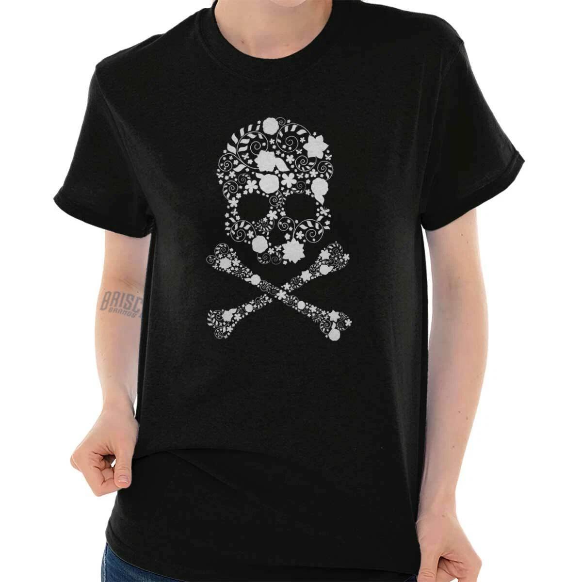 Flowery Skull And Crossbones Floral Rebel Womens Graphic Crewneck T Shirt Tee M