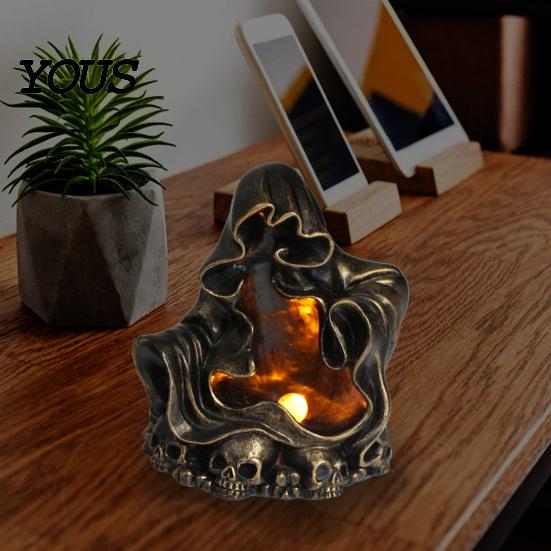 Creative Gift for Halloween Lovers Wizard Ghost LED Night Light with Embossed Skull Base, Resin Glowing Figurine, Environmentally Friendly Craft