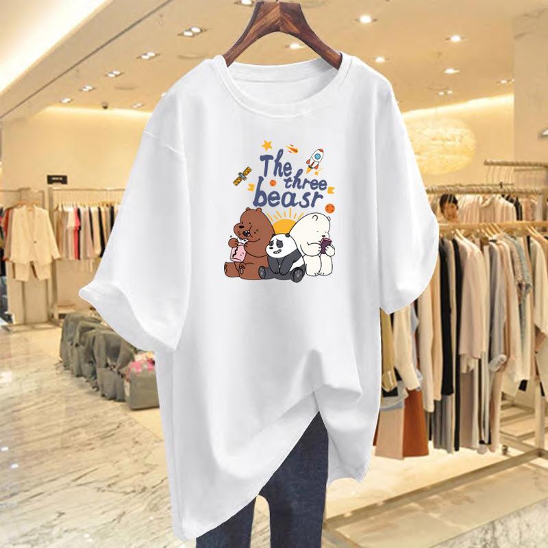 

Bear print casual top loose medium and long large size short-sleeved t-shirt women s summer new S