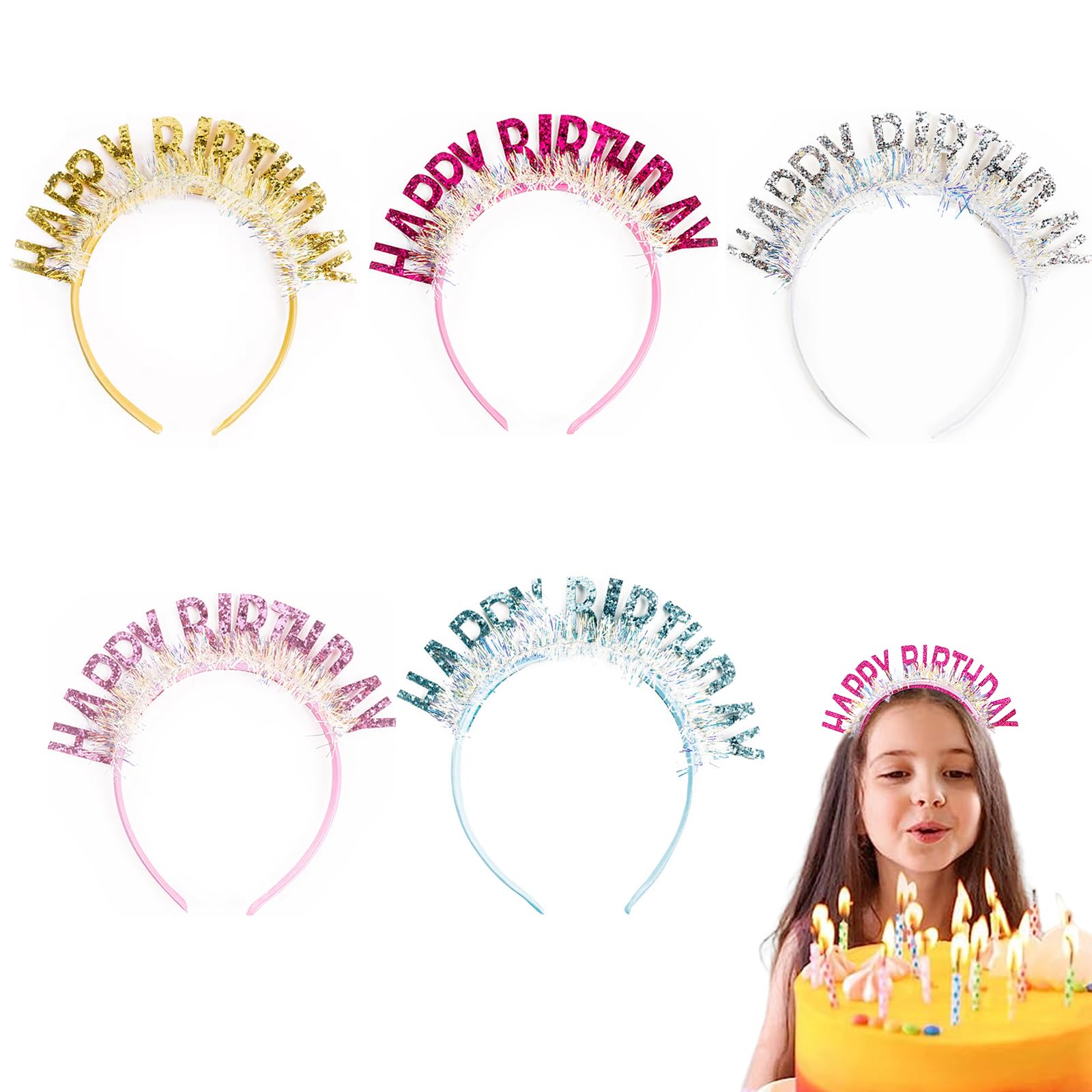 nalaina Birthday Headbands (Set of 5) - Colorful Party Supplies, HAPPY BIRTHDAY Crowns, Birthday Surprise Decorations for Women, Girls, and Kids