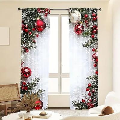 2 Panels Christmas Curtains 2D Flat Printed Balls Curtain with Snowflakes And Pine Branches Holiday Window Drapes Decoration for Bedroom