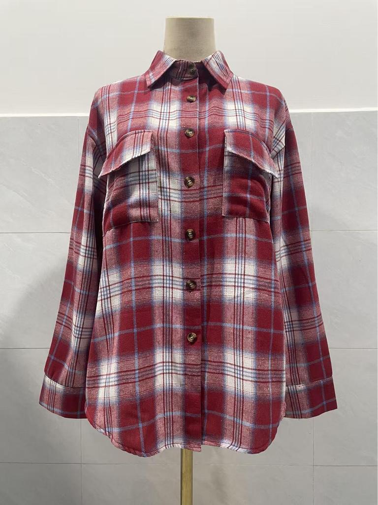 European & American Women's Casual Plaid Pocket Shirt – Autumn Winter 2025 Collection